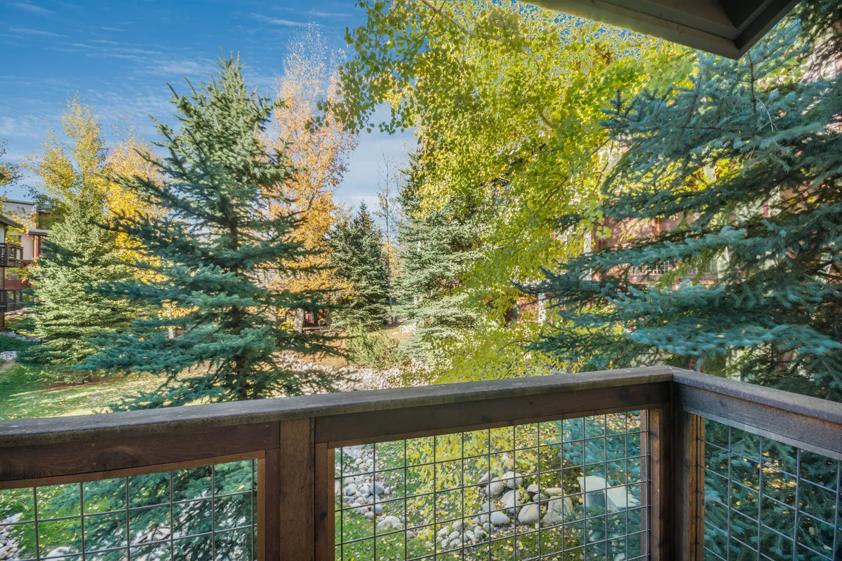 A scenic view from the balcony features lush green trees and colorful autumn foliage, providing a peaceful vantage point to enjoy nature. The landscape hints at the serene surroundings and opportunities for morning coffee or sunsets after skiing.